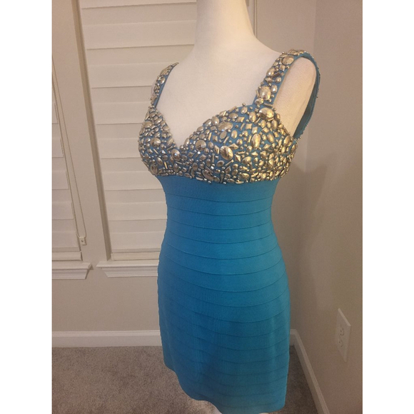 Designer Sherri Hill Embellished Bandage Turquoise Dress Size 4 - Picture 2 of 8